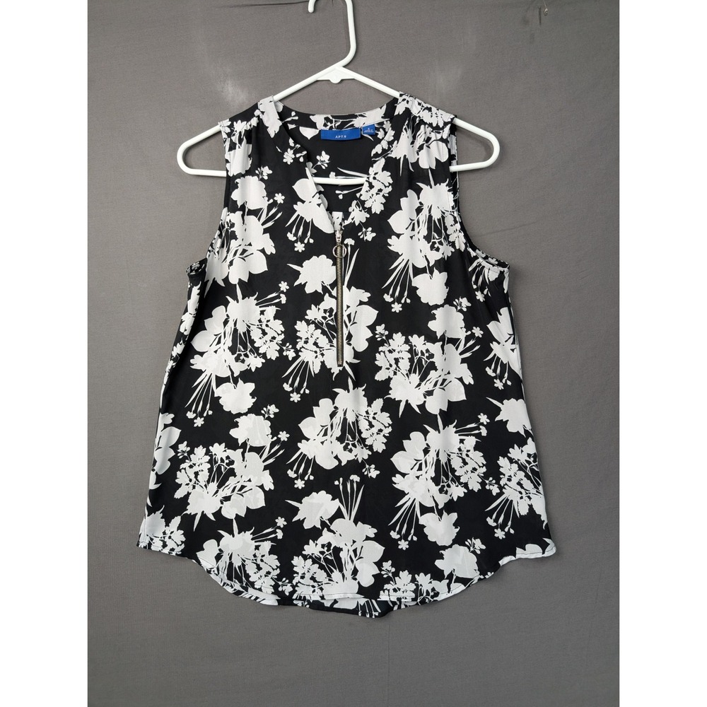 Apt. 9 Womens Small Black White Floral Sleeveless Zip Neck Blouse